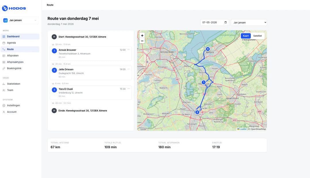 Hodos route-overzicht met de slimste route voor vandaag op de kaart